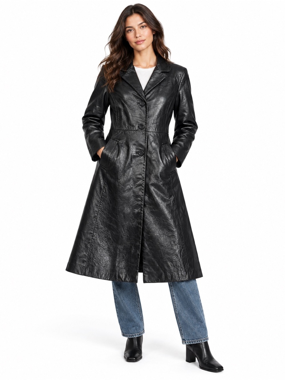 Bod & Christensen Genuine Leather Coat XL Black Longline Tailored Trench Jacket